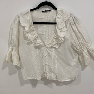 Very feminine white summer ruffled shirt